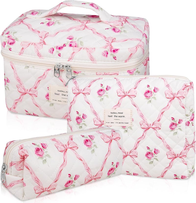 Gosect 3PC Makeup Bag Set, Quilted Makeup Bag, Large Floral Cosmetic Bag for Women, Cute Cotton Makeup Bags, Flower Travel Toiletry Organizer Bag (Pink Flower) - Image 1